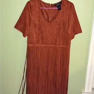 Midnight Velvet Terracotta Suede/ Fringe Midi Dress